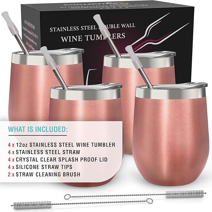 CHILLOUT LIFE 12 oz Stainless Steel Wine Tumblers 4 Pack - Double Wall Vacuum Insulated Wine Glasses Cups with Lids and Straws Set Keeping Cold & Hot for Coffee, Beer, Ice Cream - Rose Gold
