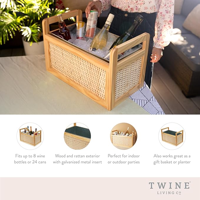 Twine Rattan and Wood Bottle Cooler Basket, Beverage Tubs for Parties, Beverage Chiller Ice Bucket for Drinks with Handles, Holds 8 Wine Bottles or 6.5 Gallons Set of 1