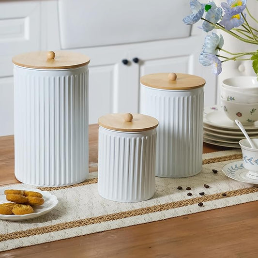 Kitchen Canister Set of 3 Tea Coffee Sugar Containers with Airtight Bamboo Lids Food Flour Storage for Countertop Metal White Vertical Stripe Pattern Embossed Farmhouse Decor