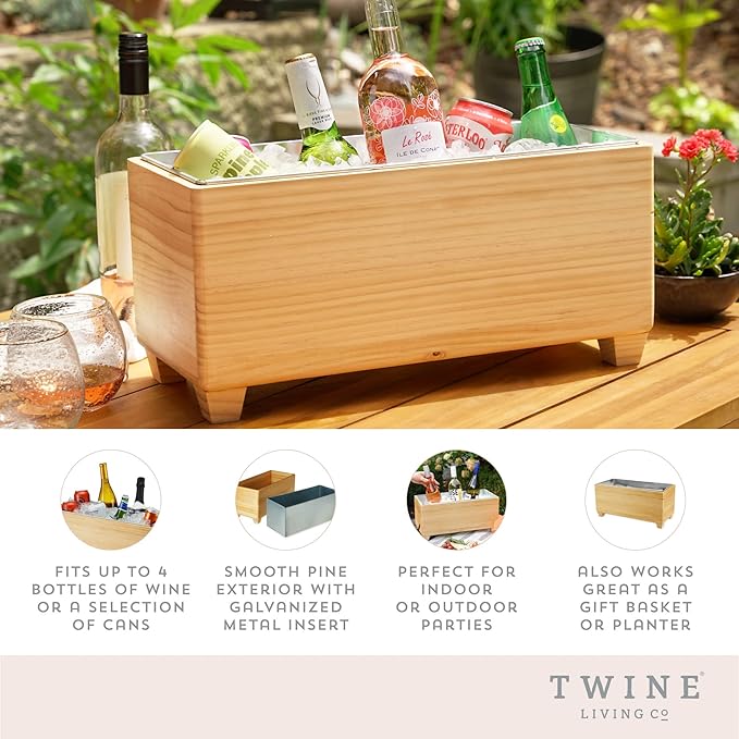 Twine Ice Bucket Wood and Galvanized Metal Tub - Wooden Wine Bucket And Beer Chiller - Holds 4 Wine Bottles or 5.4 Gallons Set of 1,Brown