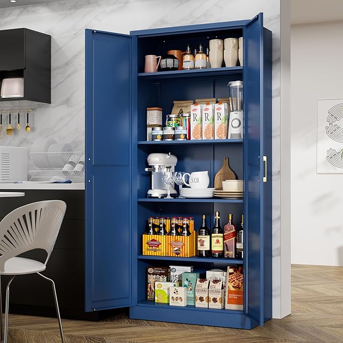 71" Tall Metal Storage Cabinet, Kitchen Pantry Storage Cabinets with Doors and 4 Adjustable Shelves, Food Pantry Cabinet, Large Cupboard, Utility Steel Cabinets for Dining, Living Room, Blue