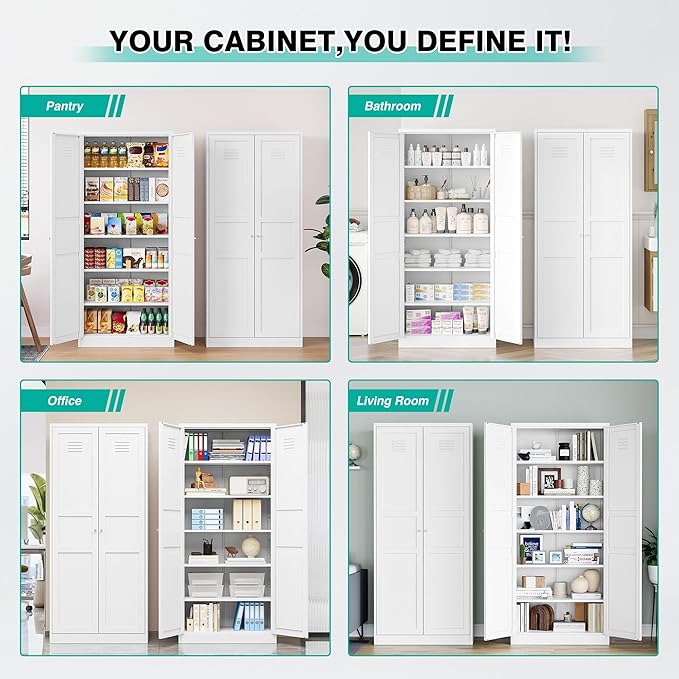 SISESOL White Metal Storage Cabinet,71" Tall Pantry Cabinet,Kitchen Pantry Storage Cabinets with 2 Doors and 6 Shelves,Wide Deep Food Cupboard for Home,Kitchen,Dining/Living Room