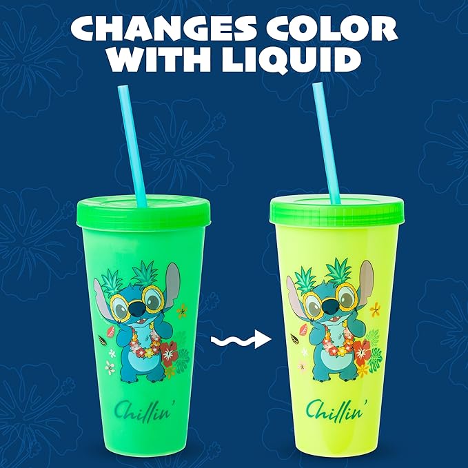 Silver Buffalo Disney Lilo and Stitch Tropical Poses 4 Pack Color Change Plastic Tumbler, 24 Ounces