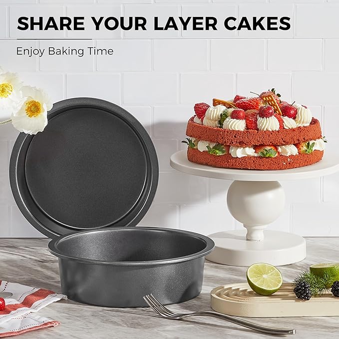HONGBAKE 8 Inch Round Cake Pan Set for Baking with 60 Pieces Parchment Paper, Nonstick Deeper Circle Cake Pans Set of 2, Layer Cake Tin, Cheesecake Mold, Huty Duty - Grey