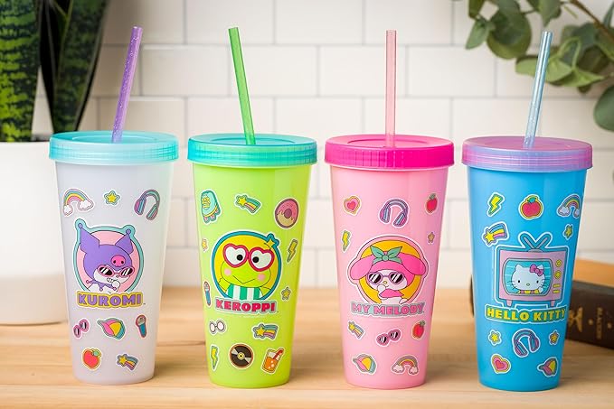 Silver Buffalo Sanrio Hello Kitty and Friends Sticker Design Featuring Kuromi, Keroppi, My Melody, and Hello Kitty 4 Pack Color Changing Plastic Tumbler Set with Glitter Straw, 24 Ounces