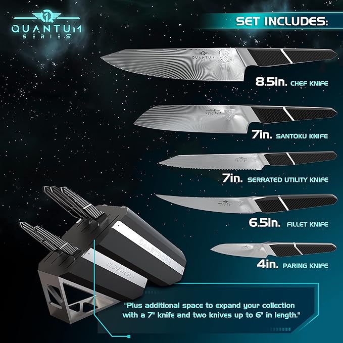 Dalstrong Knife Block Set - 5 Piece - Quantum 1 Series - American Forged BD1N-VX Hyper Steel - Carbon Fibre G10 Hybrid Handle - Professional Kitchen Set - Knife Set