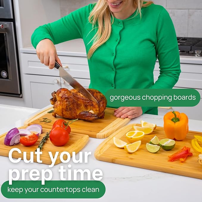 Organic Wooden Cutting Boards for Kitchen Set of 3 with Lifetime Replacements – Premium Extra Large Bamboo Chopping Boards with Juice Grooves for Carving & Serving, Non-Toxic & Durable by Greener Chef