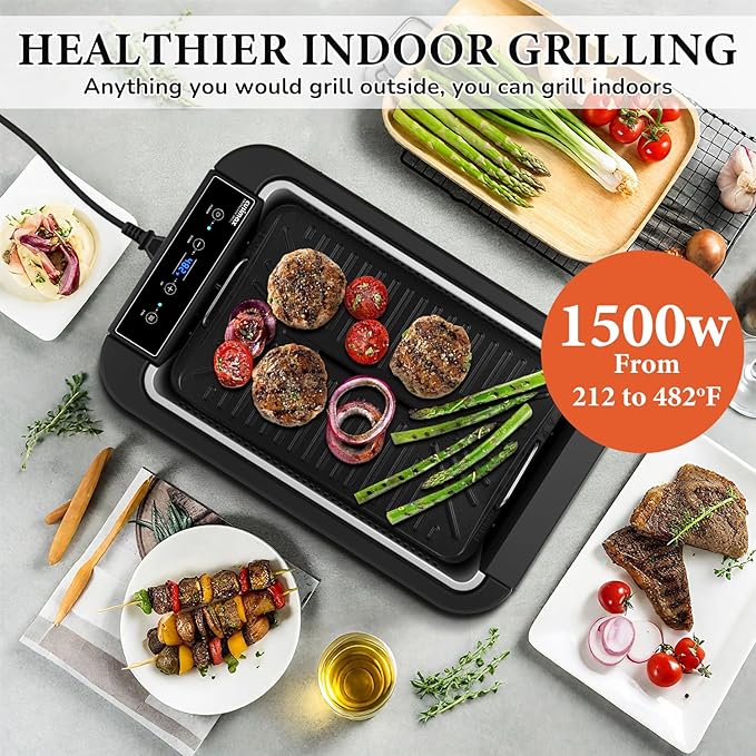 Indoor Grill, CUSIMAX Electric Smokeless Grill & Griddle with REPLACEABLE Smoke Filter Sponge, 1500W Korean BBQ Grill, Smart LED Display, Larger Grilling Area, Black(New Model)