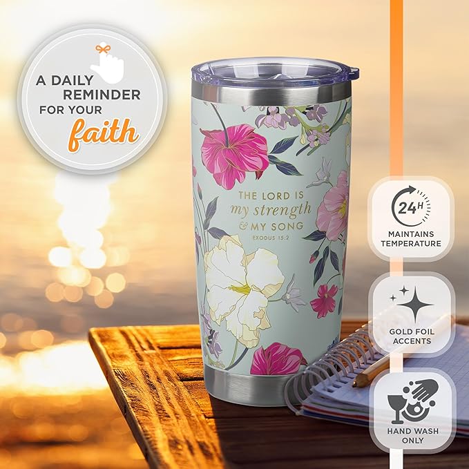 Christian Art Gifts Large Stainless Steel Scripture Travel Mug Tumbler for Women: Lord is My Strength Inspirational Bible Verse, Double Wall Vacuum Insulated w/Lid, Mint Green Multicolor Floral, 18oz.