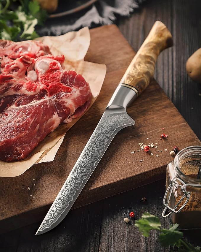 HEZHEN Damascus Boning Knife, 67 Layer Damascus Steel Fillet Knife Kitchen Knives,Figured Sycamore Wood Handle
