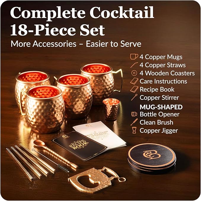 Moscow Mule Copper Mugs - Unique HANDCREFTED Gift Set of 4, Hammered by Artisan, 100% Pure Solid Copper Cups 16oz for Drinking Water & Cocktails, Include 12 Pcs accessories & Special Opener