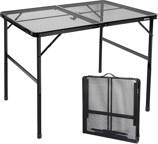 4 ft Folding Table with Adjustable Height (16.5" & 26"), Black Metal Mesh Table with Carry Handle, Portable for Outdoor BBQ, Grill, Family Gathering & Prep, Fits 4–8 People, 8.8 lb, Supports 66 lb