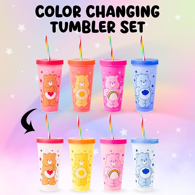 Silver Buffalo Care Bears Hearts and Stars 4 Pack Plastic Color Changing Tumblers with Rainbow Swirl Straws Featuring Tenderheart, Funshine, Cheer, and Grumpy Bear 24 Ounces