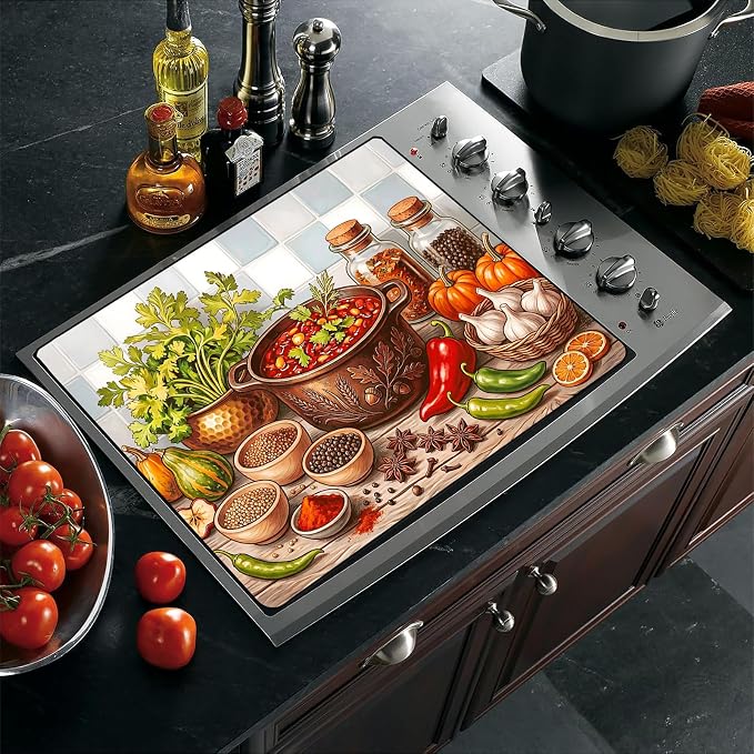 Farmhouse Spice Stove Top Cover 28.3 x 20.5 Inches, Vegetable Herb Glass Stove - Image 3