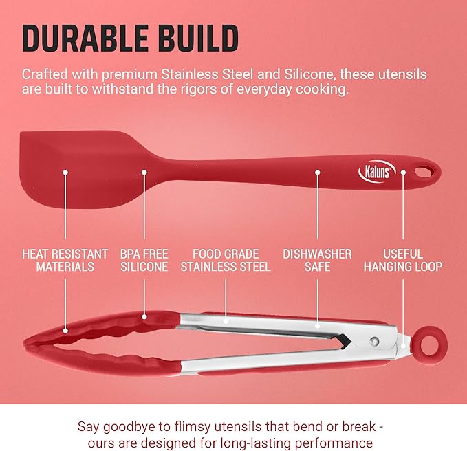 Kaluns Kitchen Tongs for Cooking Grilling Set of 4, BBQ Grill Tongs With Silicone Tip Stainless Steel Heat Resistant, Non-stick Pull Lock, Incl 7, 9, 12 Inch Tong Plus a Silicone Spatula