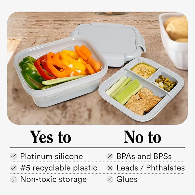 STOJO Collapsible Bento Box, Reusable, Leak-Proof, Microwave & Dishwasher Safe, Premium Lunch Container with Divider – Space-Saving, Transparent Design (Cashmere, 2.75-Cup/650mL)