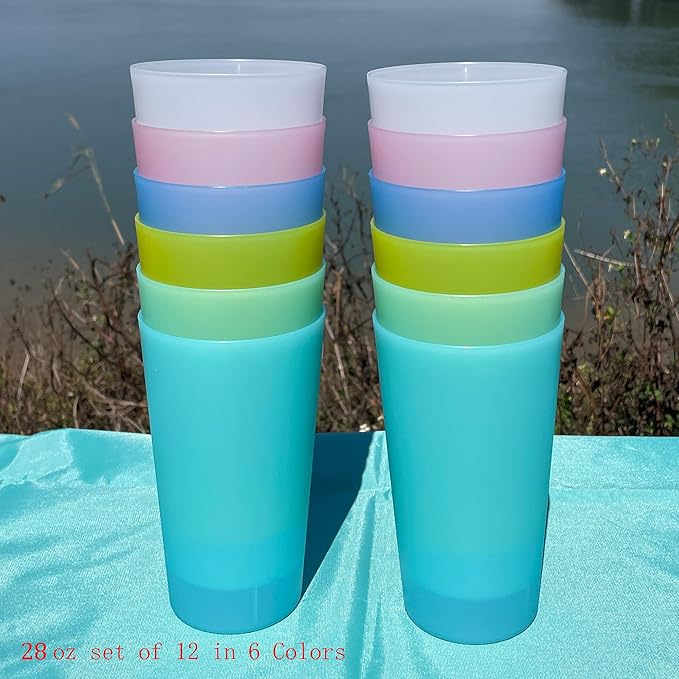 Unbreakable Plastic Cups Reusable - 28 oz Plastic Tumblers set of 12, BPA-Free Dishwasher Safe & Lightweight Reusable Cups for Kitchen, Home, Office, Outdoor