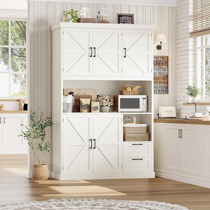 HOSTACK 76" Tall Kitchen Pantry Storage Cabinet, Farmhouse Kitchen Hutch Cabinet with Microwave Stand, 47" Wide Food Pantry with Drawers and Shelves, Large Coffee Bar Station for Dining Room, White