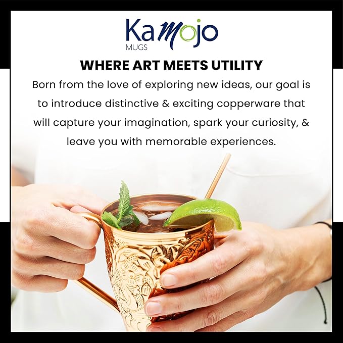 Copper Cups Set of 2 with Unique Handcrafted Embossed Design with Anti-Tarnish Food-Grade Coating - Moscow Mule Copper Mugs Gift Set with 2 Straws & Recipe E-Book, 16 oz