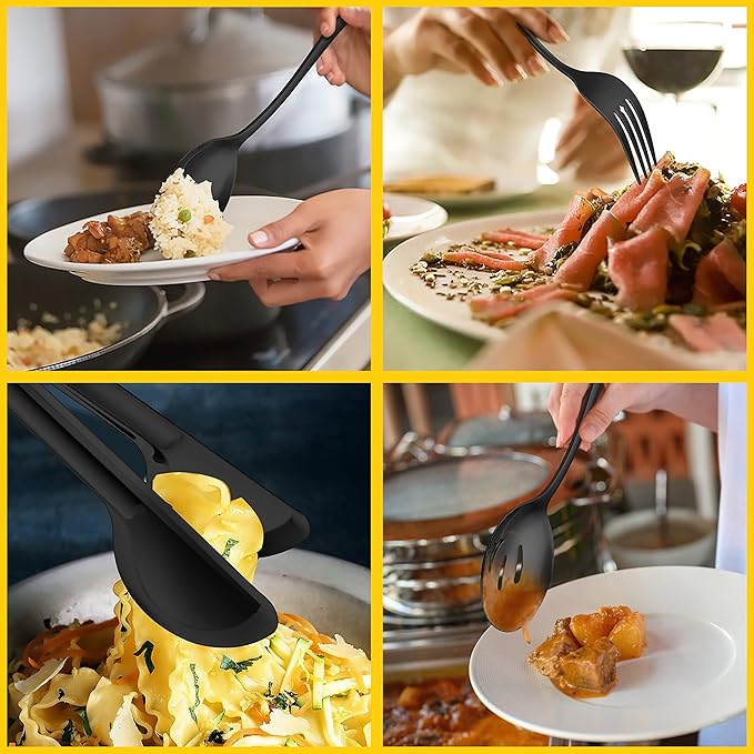 Large Black Serving Utensils Set of 8, E-far Stainless Steel 9.8 Inch Serving Spoon Slotted Spoon, 9.9 Inch Fork, 9.4 Inch Tong for Buffet Catering, Mirror Finish & Dishwasher Safe