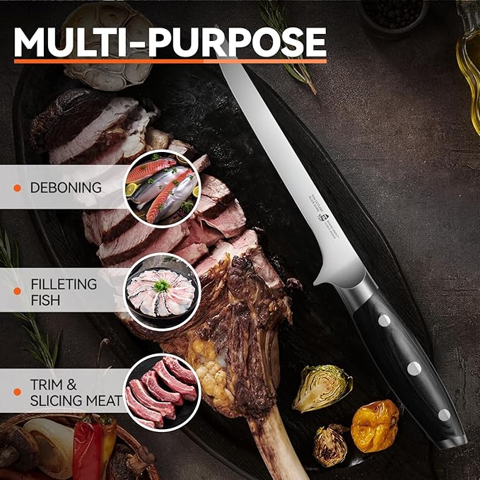 TUO Boning Knife, 7 inch Fillet Knife Flexible Kitchen Knife, German HC Steel Blade for Poultry and Fish Meat with Pakkawood Handle