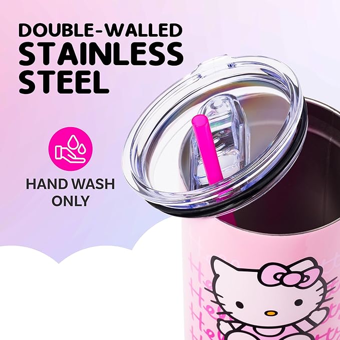 Silver Buffalo Sanrio Hello Kitty Waving Stainless Steel Tumbler with Handle and Straw, Fits in Standard Cup Holder, 40 Ounces