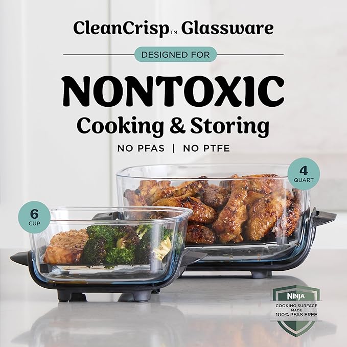 Ninja Crispi 4-in-1 Portable Glass Air Fryer Cooking System, 1500W, 4QT & 6-Cup TempWare Glass Containers with Storage Lids, Microwave, Freezer & Dishwasher Safe, Cyberspace Gray, FN101GY