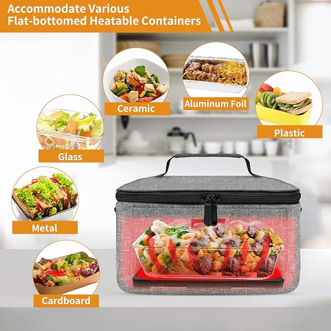 Aotto Portable Oven Electric Lunch Box Food Heater - 12V/24V 2-in-1 Car Food Warmer, Heated Lunch Box for Adults, Cook, Reheat, and Keep Meals Warm for Car, Truck, Travel - Grey