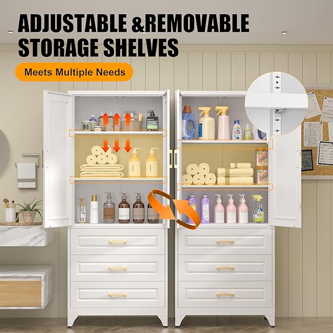 75" Tall Metal Storage Cabinet, Kitchen Pantry Storage Cabinets with Doors and Shelves, White Pantry Cabinet with 3 Drawer, Utility Kitchen Cupboard, Large Steel Cabinets for Living Room