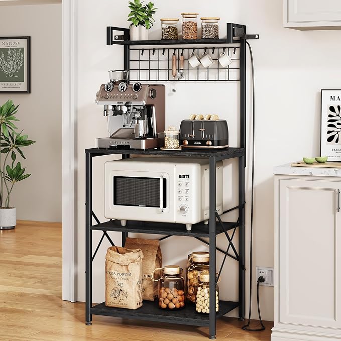 SNTD Bakers Rack with Power Outlet, Kitchen Shelves Microwave Stand with Wire by SNTD