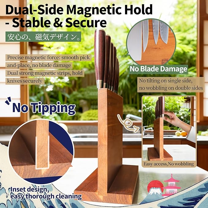 FULLHI Kitchen Magnetic Knife Block Holder, Knife Magnetic Strip with Enhanced Magnets natural wood Multifunctional Storage Holder for Kitchen Utensil, Knife Set, Scissors,Spice Ja