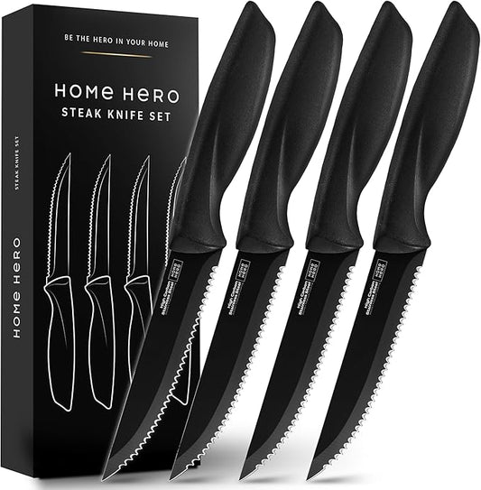 Home Hero Steak Knife Set - Effortless Cutting & Serrated Steak Knives - Rust-Resistant Stainless Steel Blades & Cutlery Set - Comfort-Grip Handles & Kitchen Knife Set - Pack of 4, Black
