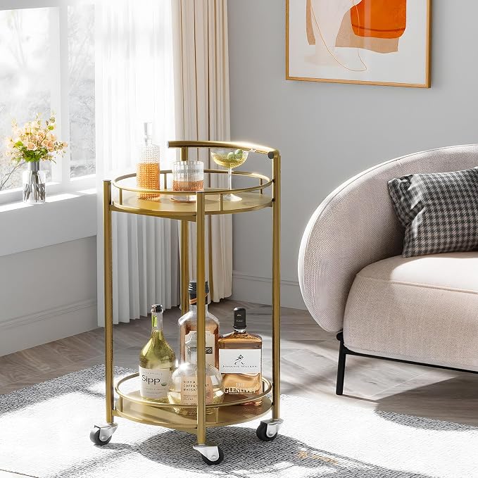 Bar Cart Gold Rolling Cart for Home, 2 Tiers Bar Serving Cart Round Wine Cart - Image 5