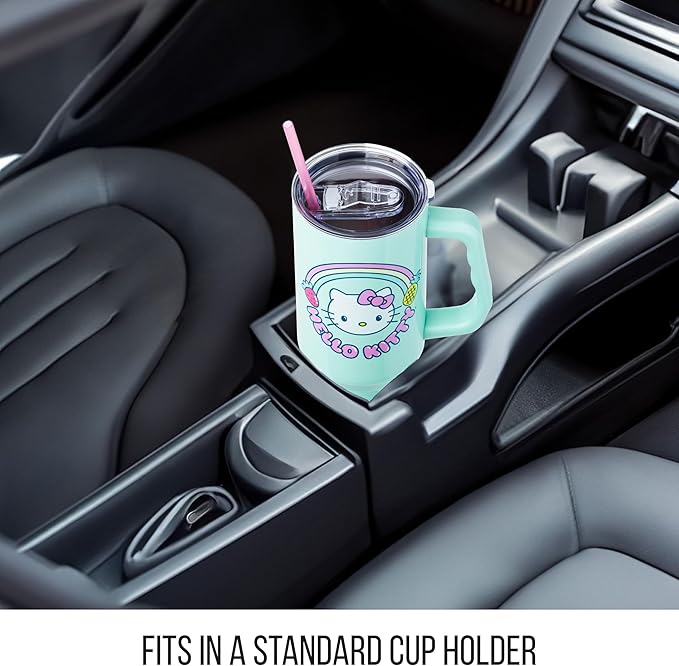 Silver Buffalo Sanrio Hello Kitty Kawaii Strawberry, Pineapple, and Rainbows Stainless Steel Tumbler with Handle and Straw, Fits in Standard Cup Holder, 40 Ounces