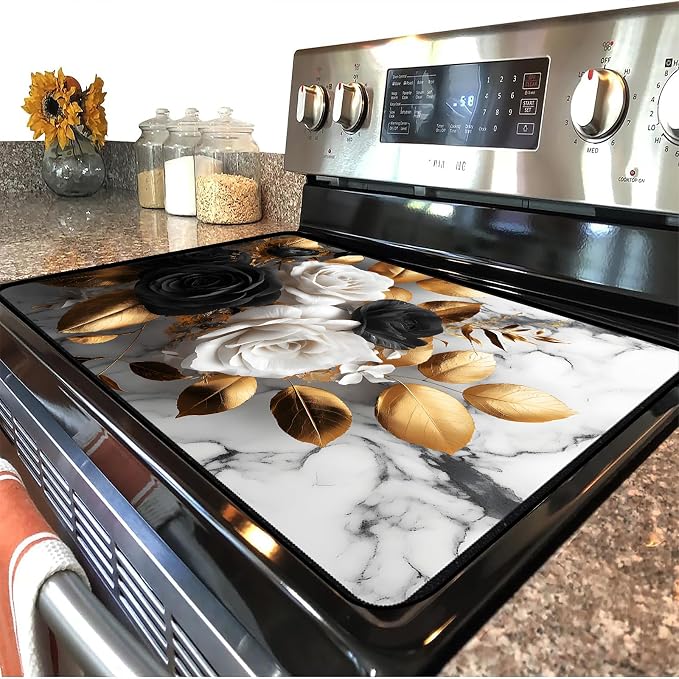Black White Rose Stove Top Cover 28.3 x 20.5 Inches, Heat Resistant Glass Stove - Image 2