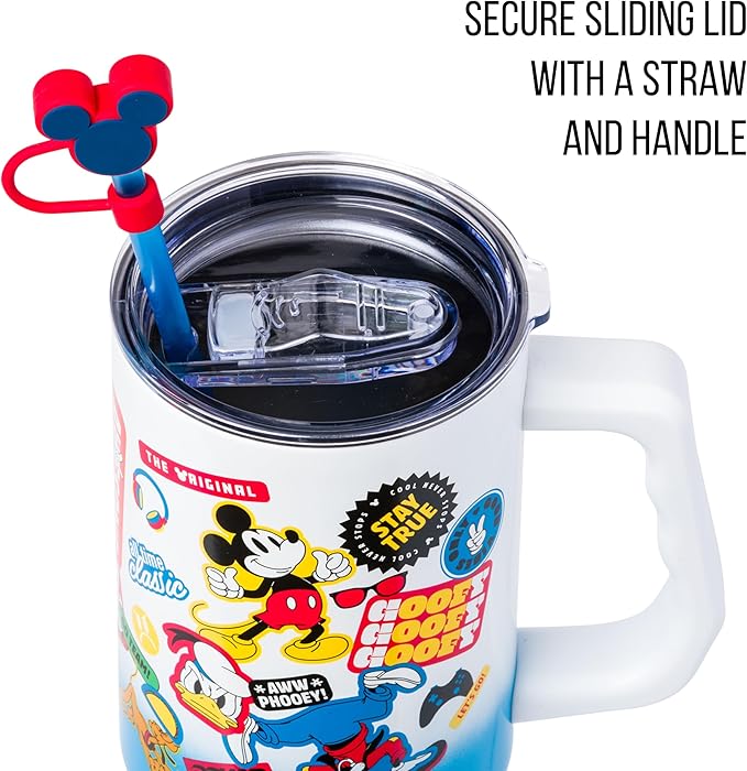 Silver Buffalo Disney Mickey and Friends Featuring Daisy, Donald Duck, Goofy, Pluto, Minnie Decals Stainless Steel Tumbler with Handle, Straw, and Straw Cap, Fits in Standard Cup Holder, 40 Ounces