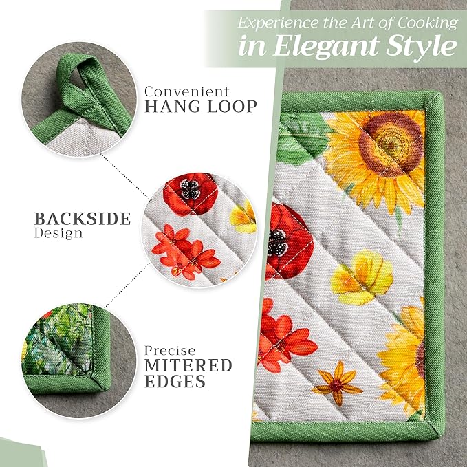 Maison d' Hermine Pot Holders Set 100% Cotton Heat Resistant Potholders 8" x 8" Hot Pads with Loop BBQ, Cooking, Baking, Grilling, Kitchen, Handling Hot Pans Spring/Summer (Pack of 2, Basse Cour)