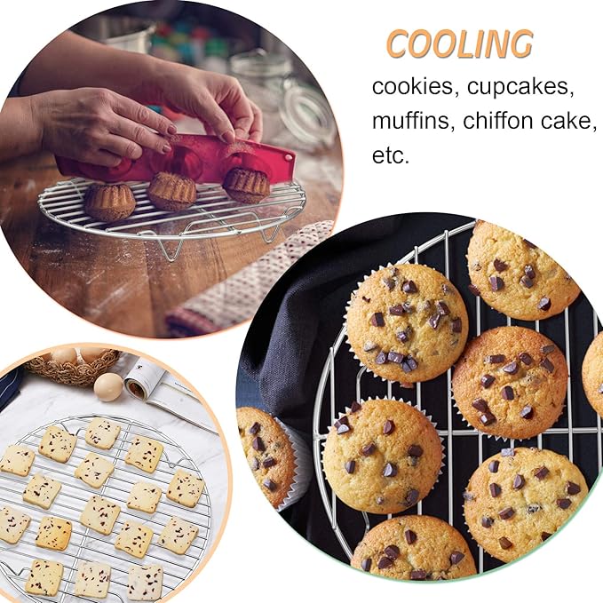 P&P CHEF Round Cooking Rack, 3 Pcs Stainless Steel Baking Cooling Steaming Grilling Rack, Fits Air Fryer/Stockpot/Pressure Cooker/Round Cake Pan, Oven & Dishwasher Safe (10.5 Inch)
