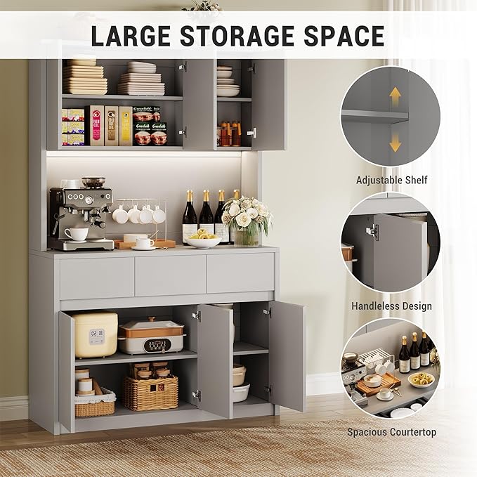 Garvee Kitchen Pantry Cabinet,71 in Tall Storage Cabinet with Doors&Shelves Adjustable, Kitchen Storage Hutch with Microwave Shelf, Led Lights&Charging Station,Corner Pantry Cabinet