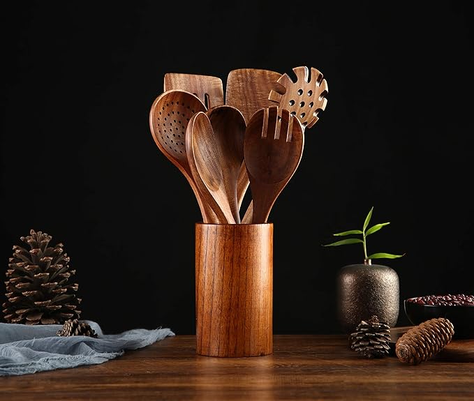 Wooden Kitchen Cooking Utensils, NAYAHOSE 8 Pcs Natural Teak Wooden Spoons Spatulas and Wooden Storage Barrel for Non-stick Pan