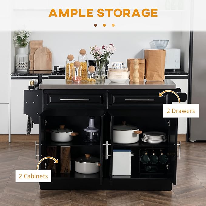 HOMCOM Rolling Kitchen Island Cart with Wheels, Portable Island Table for Kitchen with Stainless Steel Top, Adjustable Shelves, 2 Drawers, Spice, Knife and Towel Rack, Black