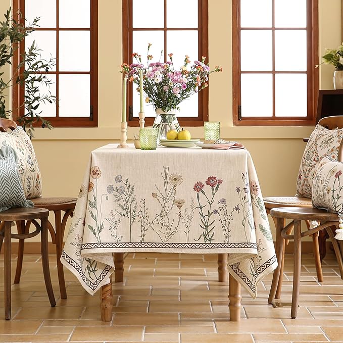 ISAENNE Designer Off White Linen Long Rectangle Tablecloth,Floral Elegant Table Cloth,Stain Resistant Vintage Decor Tablecloths for Dining Thanksgiving Kitchen Christmas,63"*102"-Serenity G