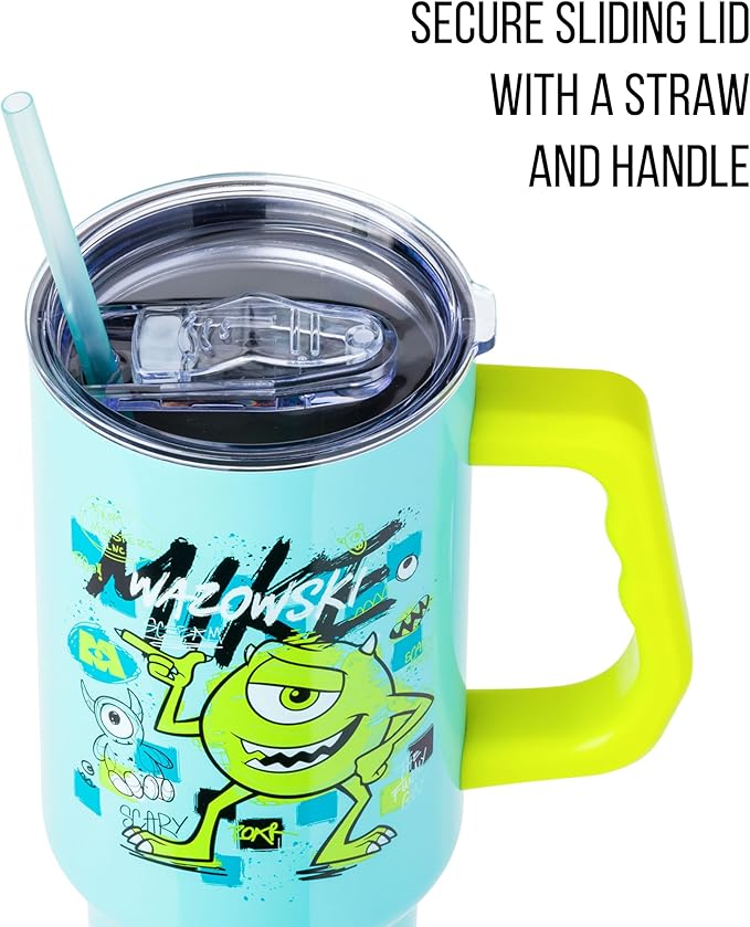 Silver Buffalo Disney Pixar Monsters Inc. Stainless Steel Tumbler with Handle Featuring Mike Wazowski, Fits in Standard Cup Holder, 40 Ounces