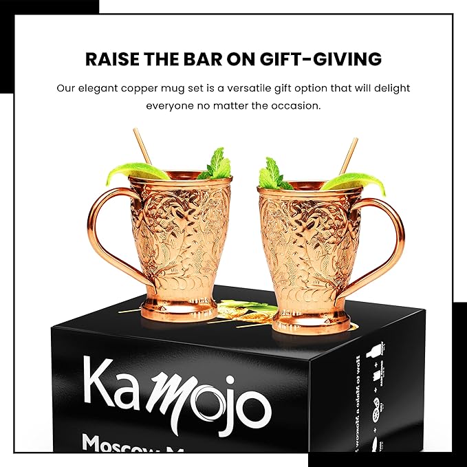 Copper Cups Set of 2 with Unique Handcrafted Embossed Design with Anti-Tarnish Food-Grade Coating - Moscow Mule Copper Mugs Gift Set with 2 Straws & Recipe E-Book, 16 oz
