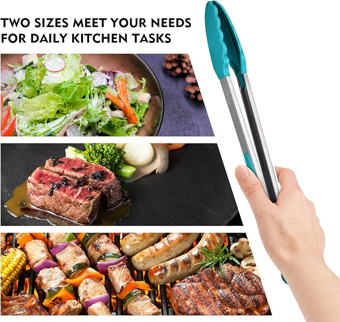 HOTEC Premium Stainless Steel Locking Kitchen Tongs with Silicon Tips, Set of 2-9" and 12", Blue