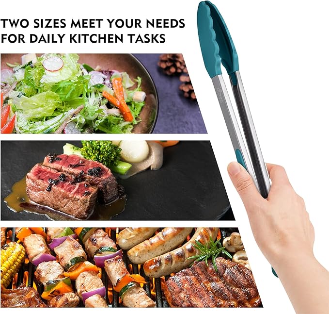 HOTEC Premium Stainless Steel Locking Kitchen Tongs with Silicon Tips, Set of 2-9" and 12", Turquoise
