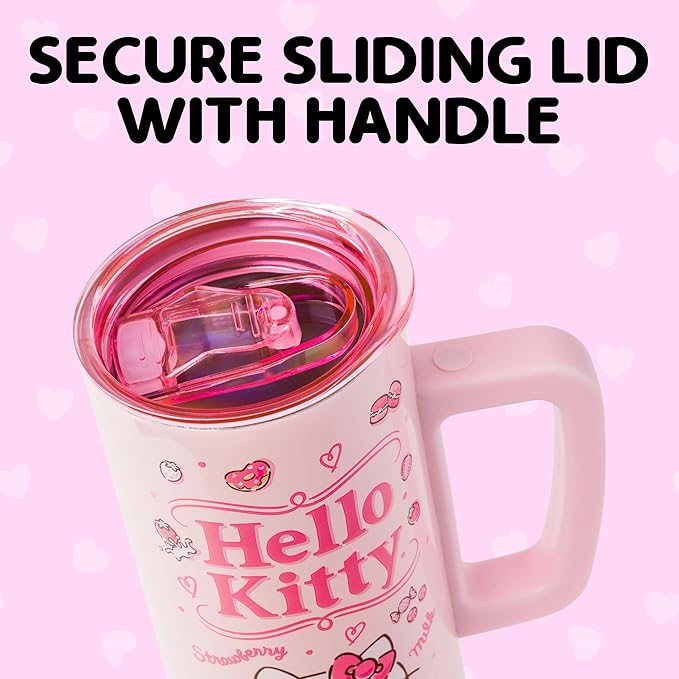 Silver Buffalo Sanrio Hello Kitty Strawberry Milk Double Wall Stainless Steel Travel Mug With Handle, 15 Ounces