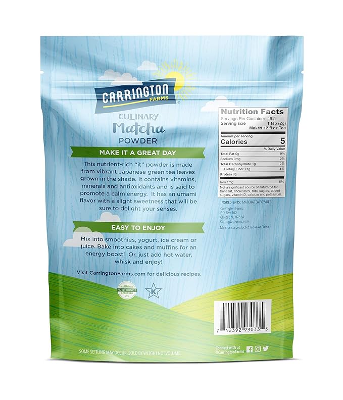 Carrington Farms Organic Matcha Powder – Finely Milled Japanese Green Tea Leaves – Bold & Rich Flavor, Antioxidant Energy Booster, Low Calorie, No Sugar – For Sweet & Savory Recipes – 3.5 oz Bag