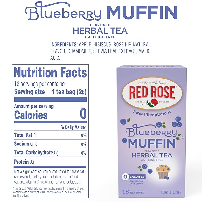 Red Rose Sweet Temptations Dessert Tea Blueberry Muffin, Zero Carbs, Zero Sugar Bursting with Flavor Caffeine-Free Delicious Beverage Herbal Tea, 18 Count Pack of 6 Fruit Naturally Flavored Herbal Tea