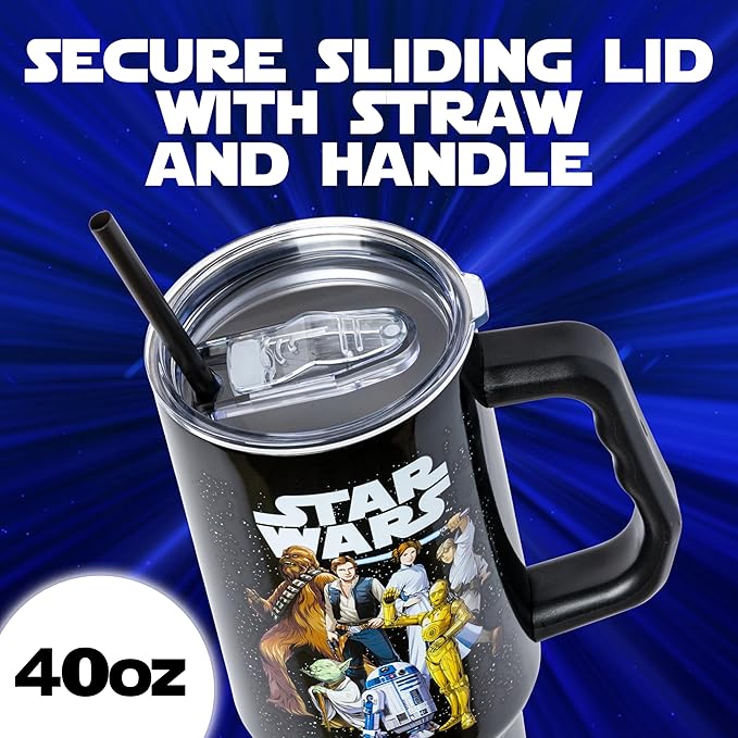 Silver Buffalo Star Wars Featuring Chewbacca, Yoda, R2-D2, C-3PO, Princess Leia, Han Solo, and Luke Skywalker Stainless Steel Tumbler with Handle and Straw, Fits in Standard Cup Holder, 40 Ounces
